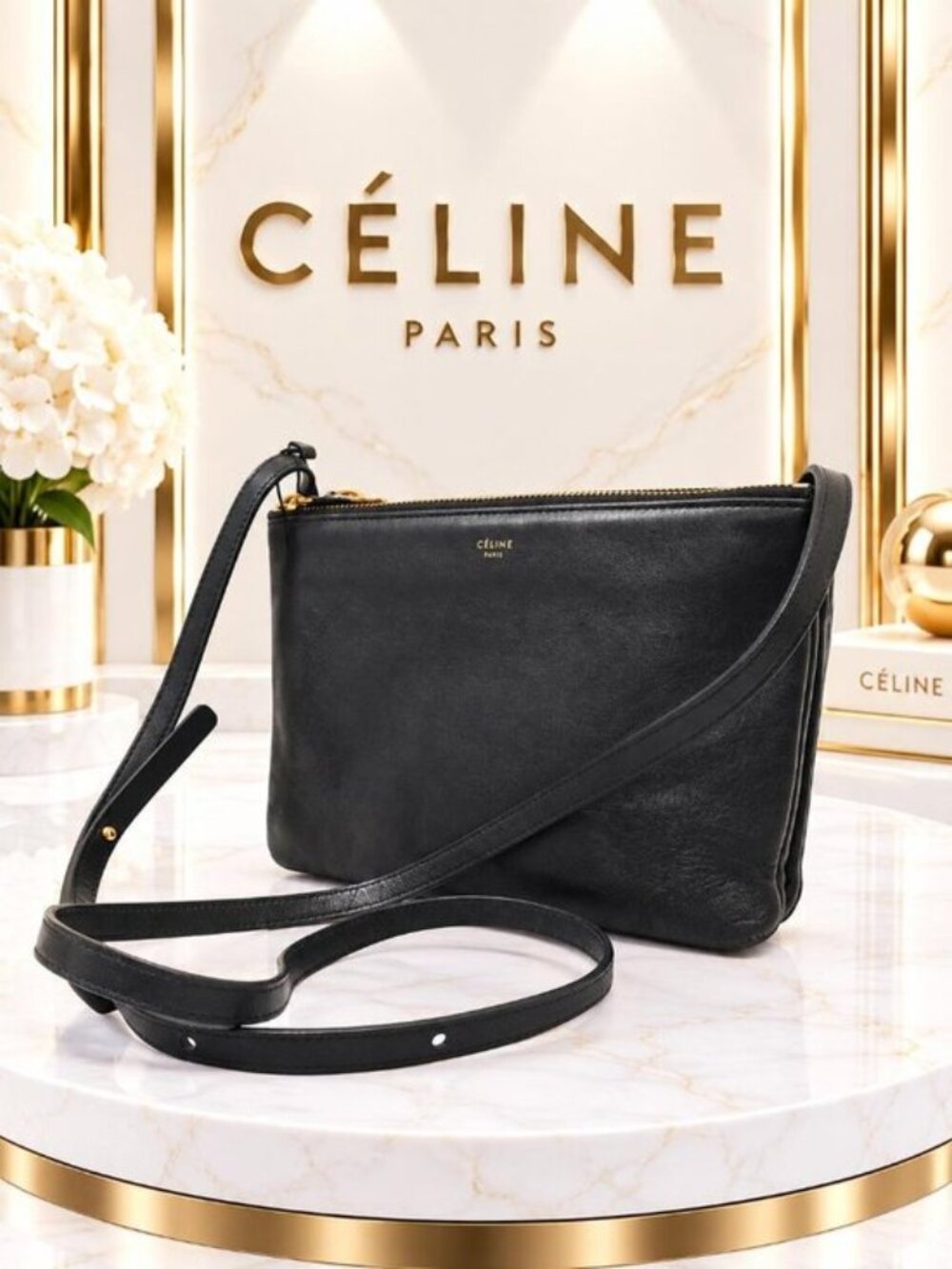 Authentic Celine Trio Black Leather Crossbody Shoulder Bag Gold Logo Classic